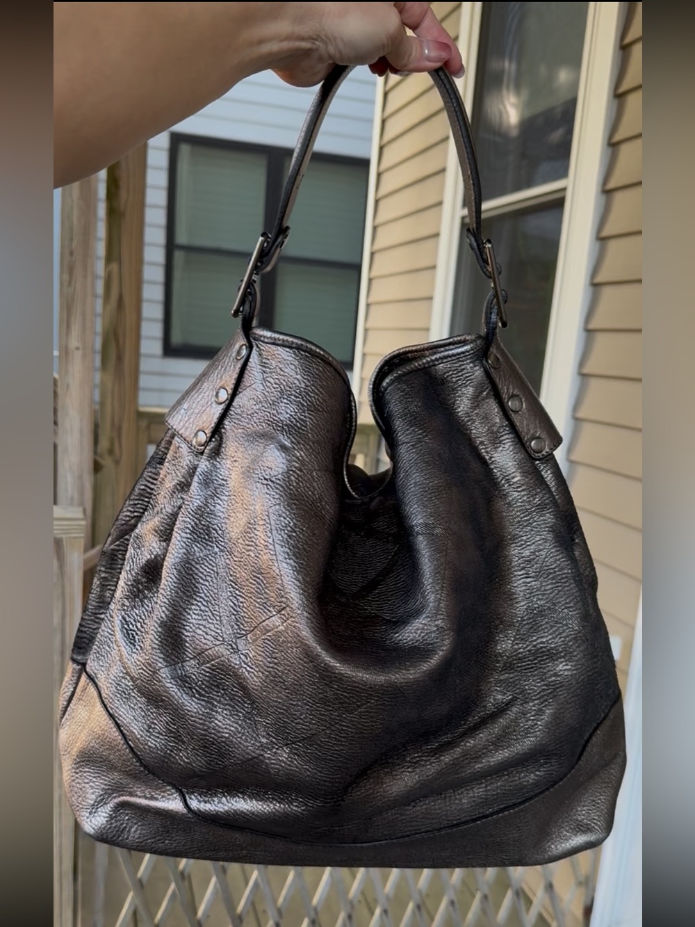 PRISTINE w/COA! Burberry Avington Metallic Leather Nickel Gunmetal Check Hobo